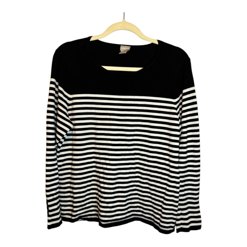 Chico's Sweater Women's‎ Size Large V-Neck Stripes Black White Chicos 2